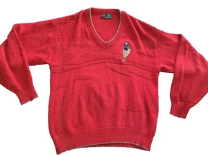Maglione vintage Isola di cotone ricamato testurizzato golf rosso collo a V made USA MED - Foto 1 di 8