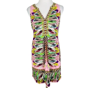 Vestido Hale Bob Rosa Estampado Plumas Mujer Pequeño Sin Mangas Cambio Cuello en V Ceñido - Imagen 1 de 9