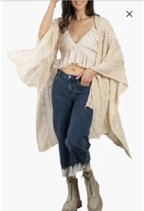 Boutique Women's Solid Beige Soft Chenille Crochet Ruana Cape Shawl One Size - Picture 1 of 9