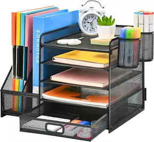Desk Organizer with File Holder, 5-Tier Paper Letter Tray Organizer with Drawer - Picture 1 of 12