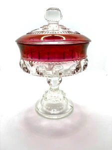 VINTAGE KINGS CROWN RUBY RED THUMBPRINT COMPOTE GLASS CANDY DISH WITH LID - Picture 1 of 6