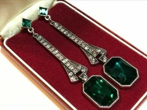 Art Deco Style Green Geometric Silver Crystal Earrings - Picture 1 of 4