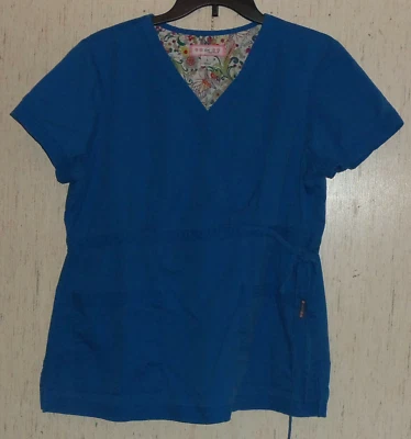 EXCELLENT koi by Kathy Peterson BLUE SCRUBS TOP  SIZE L - Image 1 of 3