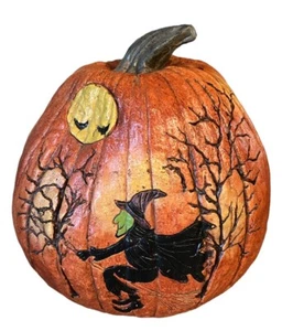 HALLOWEEN PUMPKIN W PAINTED WITCH CHALKWARE AND RESIN SEE DESC - Picture 1 of 6