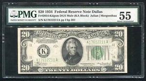 FR. 2054-Kdgsm 1934 $20 MULE FRN FEDERAL RESERVE NOTE DALLAS, TX PMG AU-55 - Picture 1 of 2