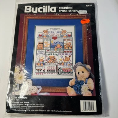 Kit punto de cruz contado Bucilla I Love You More 40627 sellado vintage Foto 1 de 2