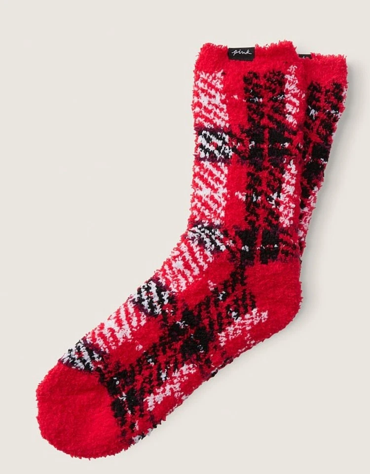 VICTORIA'S SECRET PINK FUZZY SUPER SOFT MID-CALF RED PEPPER PLAID ONE SZ SOCK  - Image 1 of 1