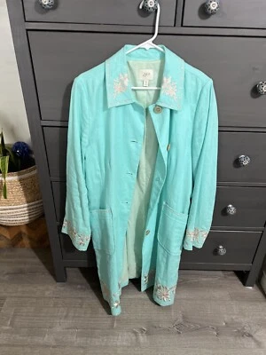J. Jill 100% Linen Embroidered Duster Jacket Turquoise Aqua Blue Women's Medium - Image 1 of 4