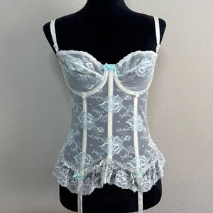 Undercover Wear bustier 36 sheer lace corset vintage set cream & blue - Picture 1 of 16