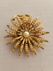 Vintage BSK Gold Toned Flower Brooch Pin Faux Pearl
