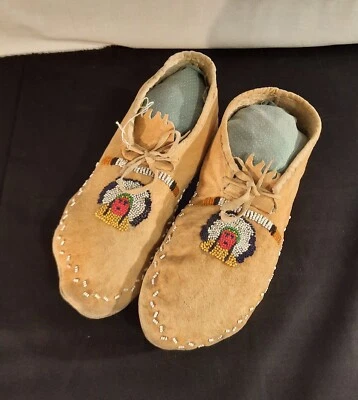 c1900-1920 Northern Plains Shoshone Native American Beaded Moccasins Chief Head - Изображение 1 из 4
