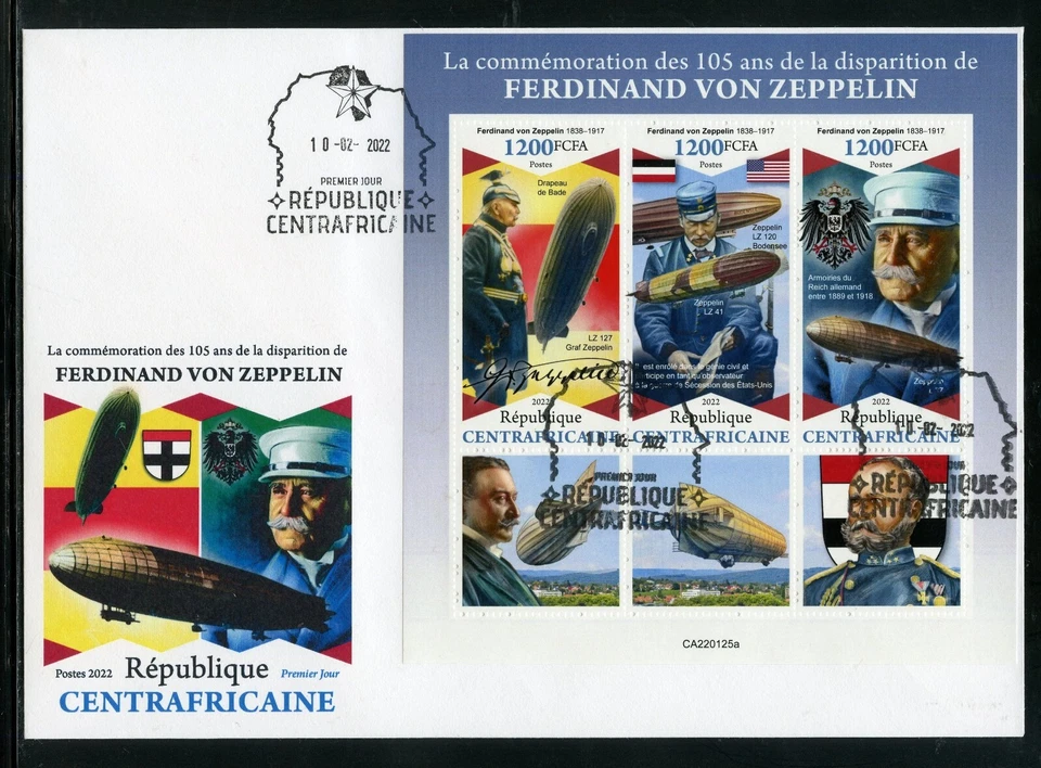 CENTRAL AFRICA 2022 105th MEMORIAL FERDINAND von ZEPPELIN SHEET FIRST DAY COVER - Image 1 of 1