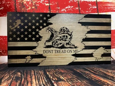 US Rustic Wood Burned Flag Gadsden Dont Tread On Me American Flag Painted Carved - Image 1 of 4