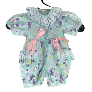 Vintage Broadway Green Purple Floral Romper Overalls Girls 3-6 Months - Picture 1 of 3