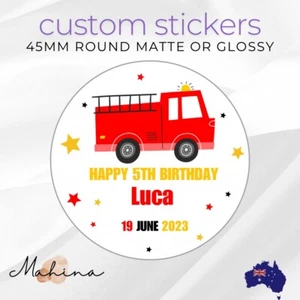 24 x Personalised Round Circle Birthday Stickers - Fire Truck Boys birthday - Picture 1 of 1
