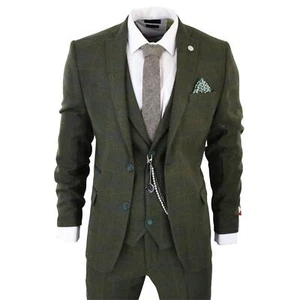 TruClothing Men's 3 Piece Suit Wool Tweed Herringbone Olive - Picture 1 of 7