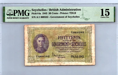 Seychelles 50 Cents 1943 6a PMG 15 Choice Fine - Image 1 of 4