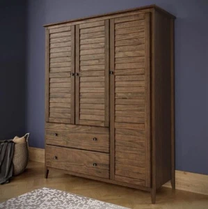 New 3 Door Armoire Wardrobe Closet Brown Pine Wood Large Sturdy Durable Dresser - Picture 1 of 7