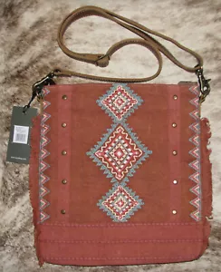 Myra Tasche #9270 bestickt Baumwolle Canvas, Leder, Fransen 11""x12"" Umhängetasche ~ - Bild 1 von 3