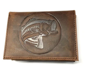 Bass Fishing Leather Embossed Leather Trifold Wallet- Crazy Horse Leather - Picture 1 of 3