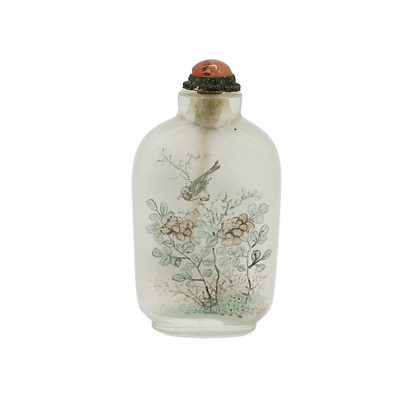 19th Century Hand-Painted Antique Snuff Bottle W/ Agate Lid, Flower & Bird Motif • 500£