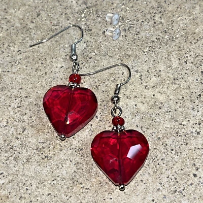 Red Gem Cut Heart Shaped Glass Earrings 2"x1/2" Handcrafted Brand New - Image 1 of 4