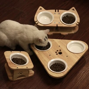 PETOMG Cat Bowls, Ceramic Cat Bowls, Raised Cat Food Bowls | Rubber Wood - Picture 1 of 13