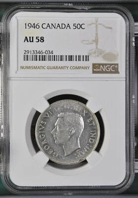 1946 Canada Fifty Cents NGC AU58 SILVER BETTER DATE  50C COIN - Image 1 of 2