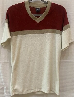 Suéter Vintage Jantzen Años 70 Manga Corta Cuello en V | Borgoña Crema | Hombre Grande Foto 1 de 3