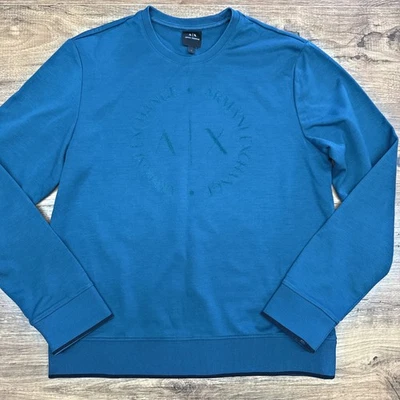 Sudadera Armani Exchange A|X Hombres L Cuello Redondo Terciopelo Logo Azul Teal Preppy LEER Foto 1 de 4