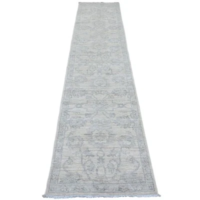 2'5"x11'1" White Washed Peshawar Leaf Design Hand Knotted Wool Runner Rug G20509 - Image 1 of 4