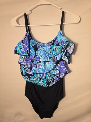 Винтажный Sirena женщин цельный купальник бак цветочный 80-х вибрации темно-синий размер маленький S - Изображение 1 из 3