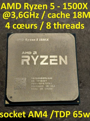 CPU AMD RYZEN 5 model 1500X Socket AM4 cadencé à 3,6 GHz avec 4 coeurs (100% ok) - Photo 1/2