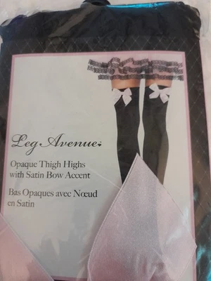 Leg Avenue Opaque Thigh Highs With Satin Bow Accent Sexy. - Image 1 of 3