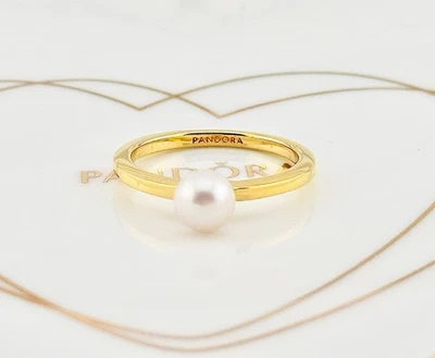 New Pandora Shine Gold Treated Freshwater Cultured Pearl Ring 163157C01-54 UK O - Image 1 of 4