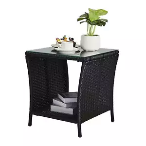 Outdoor Small Wicker Side Table WIth Glass Top For Patio Furniture Clearance New - Picture 1 of 8