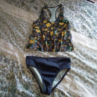 WONDER NATION 2-PIECE TANKINI SZ 10-12 RUFFLES RACER BACK LINED GREY YELLOW MINT - Image 1 of 4