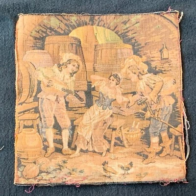 French Tapestry Square with Rustic Scene of Village Life Vintage - Image 1 of 4
