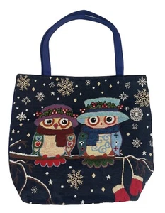 Carry Bag Tote Two Owls Elegant Embroidered 2 Handles & Zip Closure 37cm x 42cm - Picture 1 of 8
