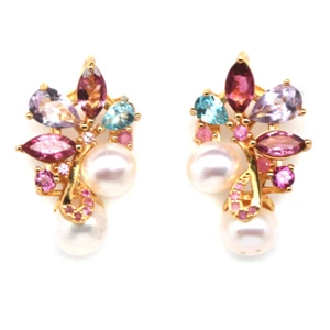 925 Sterling Silver White Pearl, Amethyst, Rhodolite, Topaz & Sapphire Earrings  - Picture 1 of 4
