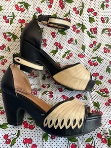 MIZ MOOZ retro platform black and ivory leather ankle strap heels womens size 7 - Picture 1 of 7