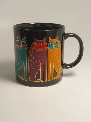 Laurel Burch SIAMESE CATS 12oz Mug Cup Black Gold Orange Purple Blue Japan - Image 1 of 4