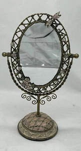 Lovely Ornamental Metal Dresser Mirror with Stand Dragonfly And Flowers 11 1/2” - Picture 1 of 5