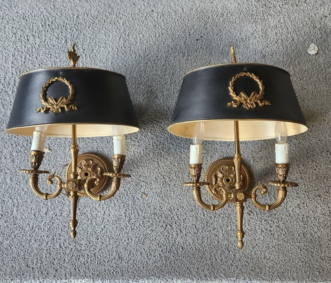 Pair of French Bouillotte Wall Sconces w Bronze Mounts Cover