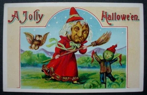 1911 Halloween Postcard JOL Witch Owl Scarecrow - Picture 1 of 4