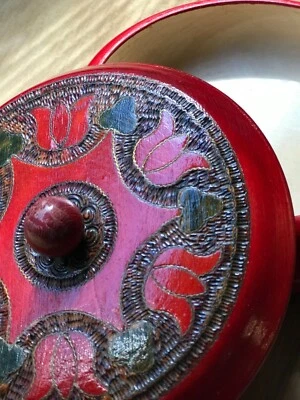 Wooden Red Round Jewelry / Trinket Box Floral Design Metal Inlays 6.5"Diameter - Image 1 of 4