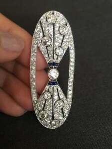3.45 carat Art Deco brooch Platinum finish diamond and blue sapphire 57 X 21 mm