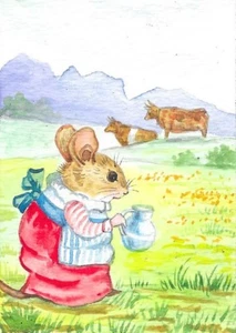 ACEO DRUCK AQUARELL GEMÄLDE RYTA MAUS MILCHKUH BAUERNHOF TEE FRÜHLING VOLKSKUNST - Bild 1 von 1