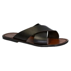 Mens leather slippers slides sandals handmade in Italy in dark brown leather - Picture 1 of 7