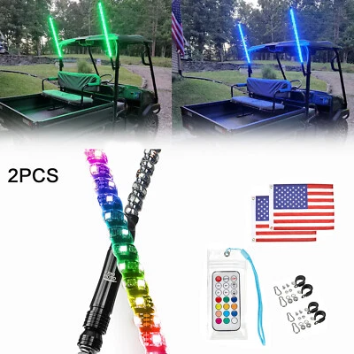 Par de luces de látigo espiral de 3 pies impermeables 366 modos antena LED RGB UTV ATV para RZR Foto 1 de 4